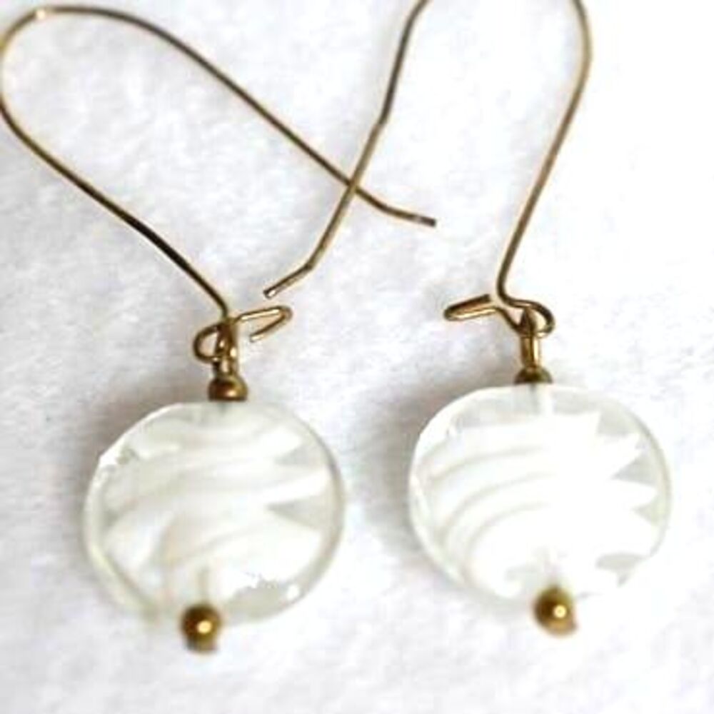 Vintage Unique White Swirl Glass Bead Dangle Bronze Fish Hook Chic Earrings